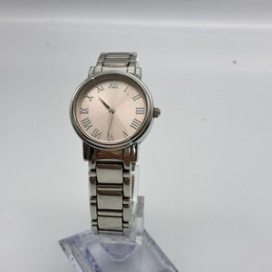 Womens Silver Tone Round Watch Blush Pink Sunburst Dial Roman Numerals Link Band
